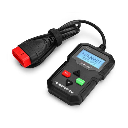 KONNWEI KW590 mini OBDII scan tool with black body and red OBD connector cable