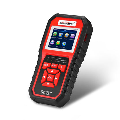 KONNWEI KW850 OBDII/CAN diagnostic scan tool with red backlit screen and keypad