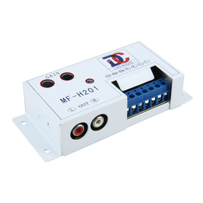 Car audio speaker level converter with gain knobs and blue output connector block