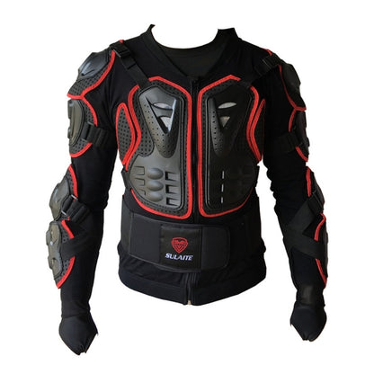 Black motorcycle protective armor jacket with gray and red shoulder and chest pads, size S