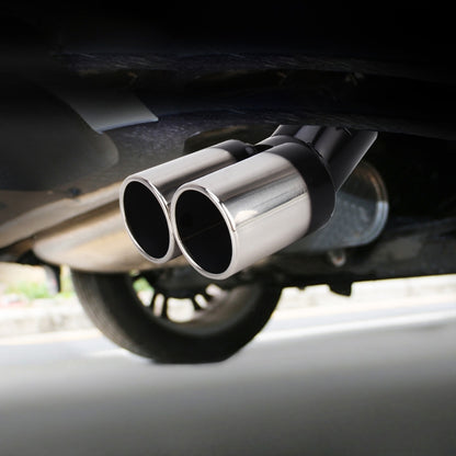 Curved double exhaust tip with black housing and chrome stainless twin outlets
