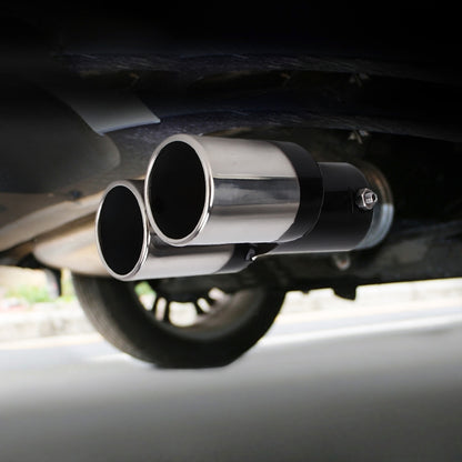 Double exhaust muffler tip pipe with chrome finish and black outer sleeve, angled view
