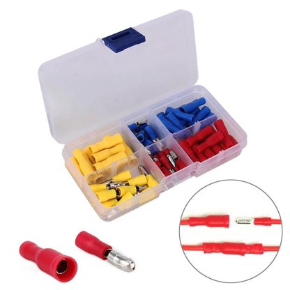 Insulated bullet crimp connector kit with mixed red, blue, yellow terminals in plastic case