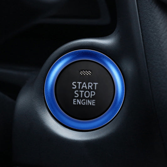 Car engine start button ring trim, blue aluminum-look bezel with START STOP ENGINE text