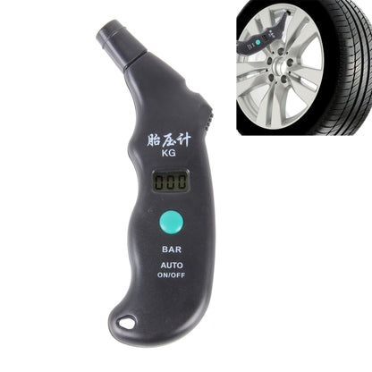 Digital tire pressure gauge with LCD screen, dark body and teal power button