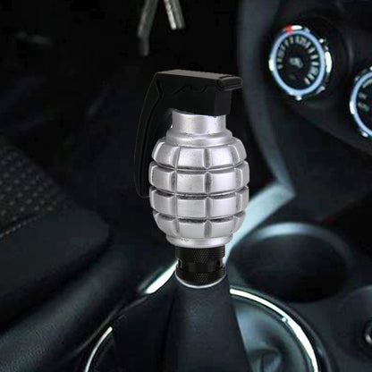 Universal grenade-shaped gear shift knob, silver textured segments with black base and cap