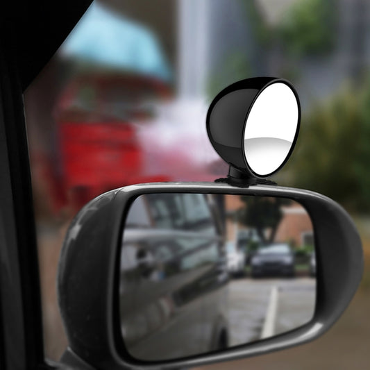 Adjustable wide-angle blind spot car mirror, black housing, clamp-on base
