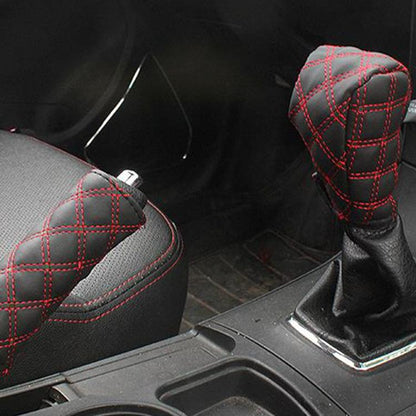 Car handbrake and shift knob covers, black with red plaid stitching