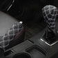 Car handbrake and shift knob covers, black with white plaid stitching