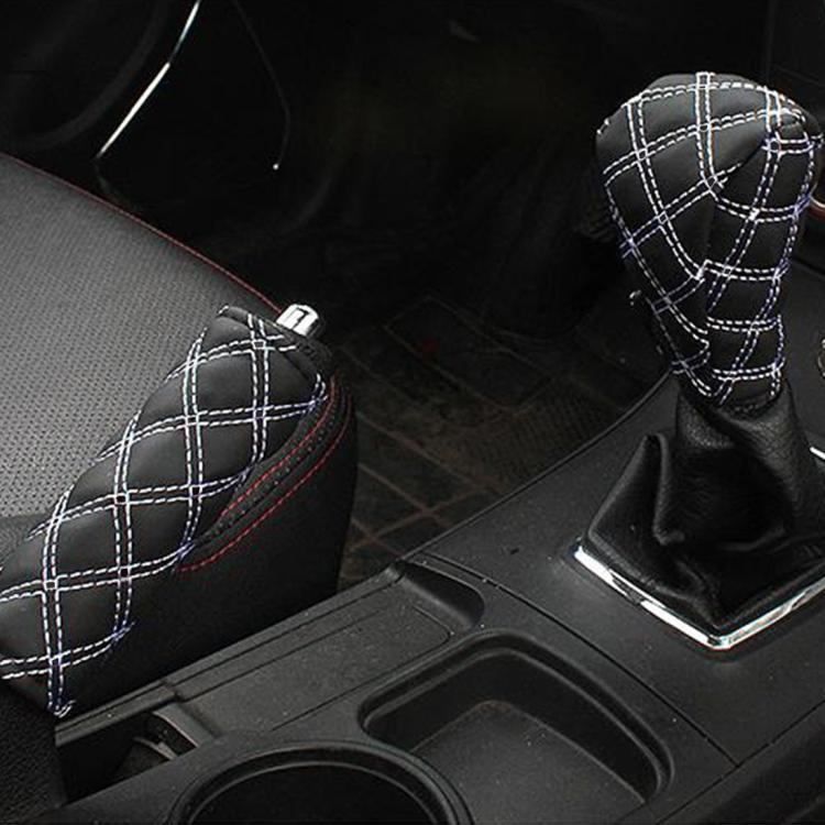 Car handbrake and shift knob covers, black with white plaid stitching
