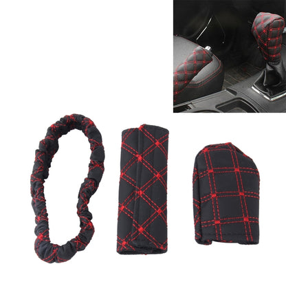 3-piece car interior cover set, black with red stitched grid for handbrake and gear knob