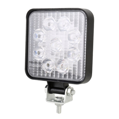 Square LED flood work light with black housing and 9 wafer LEDs, front view