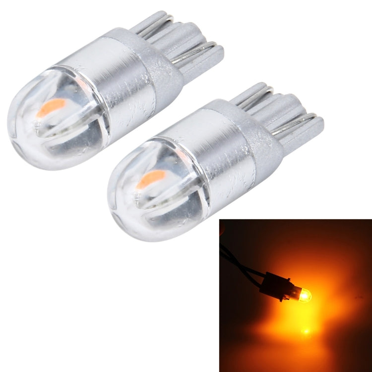 Pair T10 LED car clearance lights, silver base and clear lens; amber/yellow glow.