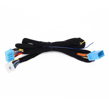 Radio wiring harness extension cable with black loom and blue/white connector plugs