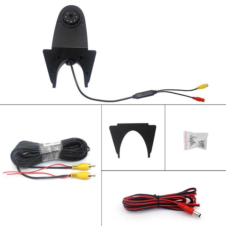 Reversing car camera kit contents: camera unit, cable leads, and connectors