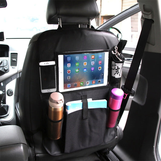 Black car seat back organizer with clear tablet pocket and side mesh drink holders