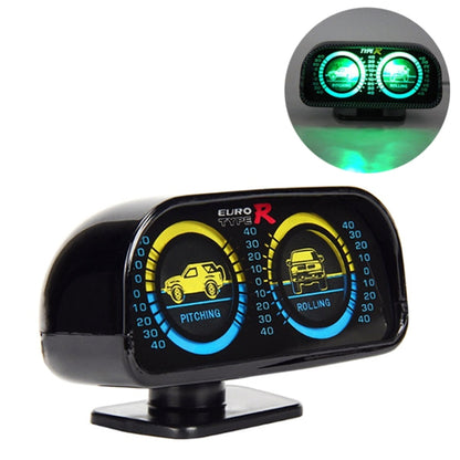Black car inclinometer gauge with dual blue and yellow backlit pitching and rolling scales