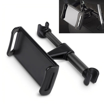 Black car seatback tablet phone holder with adjustable side clamps and cradle arms
