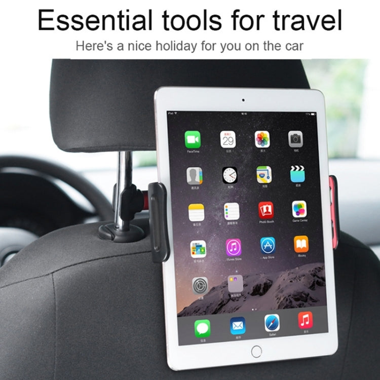 Black car seatback tablet holder securing a tablet on headrest posts