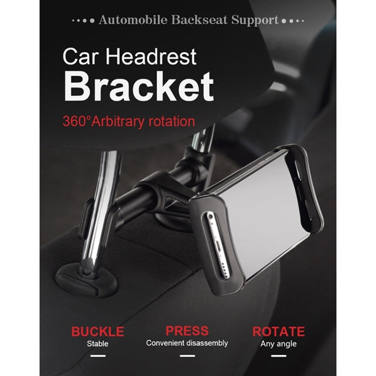 Black 360°-rotating car headrest tablet holder with buckle and press mount