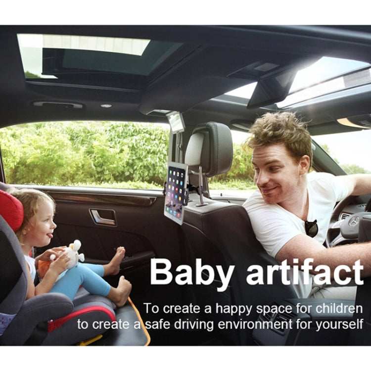 Black car seatback tablet holder attached behind front seat with tablet mount