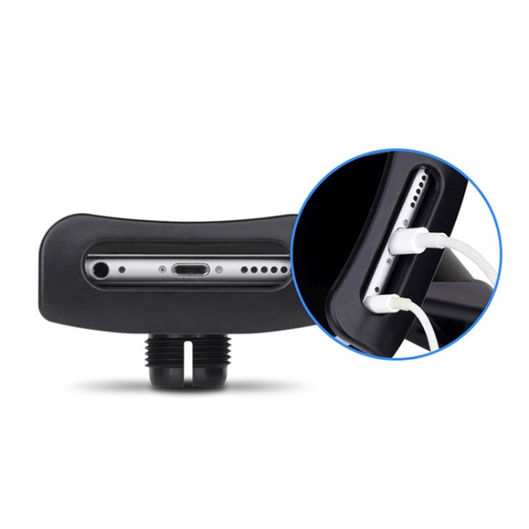 Black car seatback phone holder cradle with side opening for charging ports