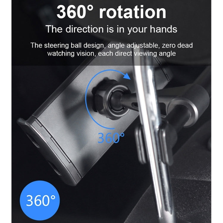 Black car seatback tablet phone holder with 360-degree rotating mount and clamp