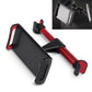 Red and black car seatback tablet holder with adjustable clamp arms