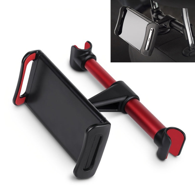 Red and black car seatback tablet holder with adjustable clamp arms
