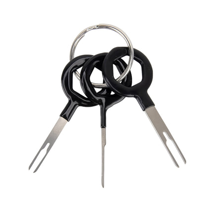 Rubberized car wiring terminal extraction tool set with ring and three-prong pick, black