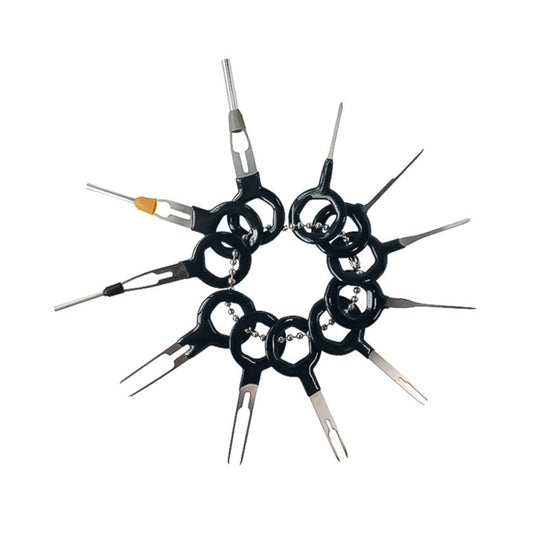 11-piece car terminal extraction tool set with black circular grip pin needles