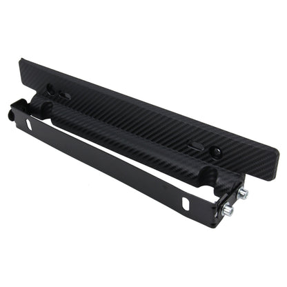 Adjustable carbon-fiber style license plate frame with two mounting brackets and screws