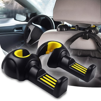 2-pack car seat back hooks for hanging bags, black with yellow accents, clip-on style