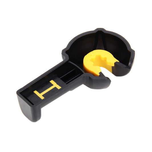 Black clip-on hook with yellow latch insert and striped grip handle