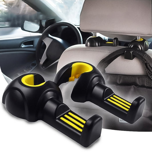 2-pack car seat back hooks for hanging bags, black with yellow accents, clip-on style