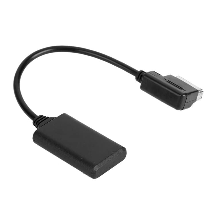 Black audio cable with inline module and compact plug at one end
