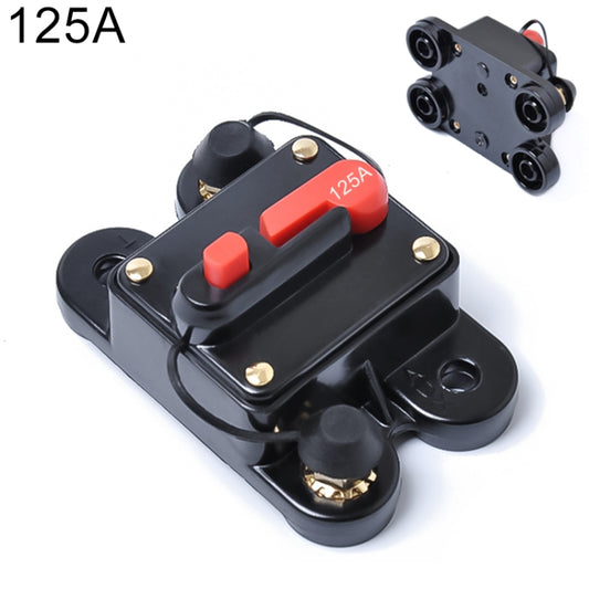 Black auto-reset circuit breaker fuse holder with red 125A reset button and terminals