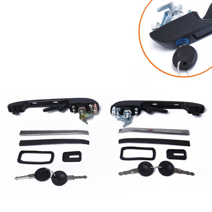 Front door handle set with lock cylinders, keys, and mounting hardware—black.