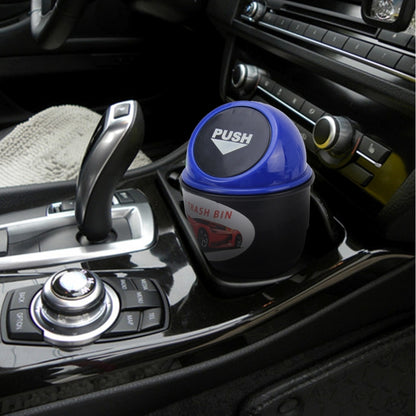Blue portable car trash bin with push lid and black body