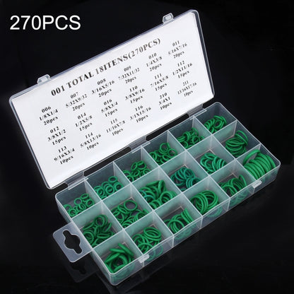 Car O-ring assortment kit with green O-rings in organizer case and size chart