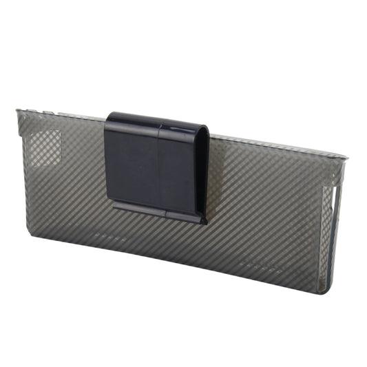 Car vent hanger organizer with gray textured mesh pocket and black mounting rail