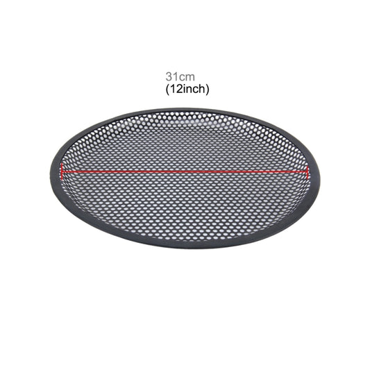 Black round subwoofer mesh cover, 12 inch size, with mounting tabs