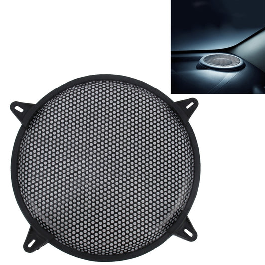 Black round metal mesh subwoofer protective cover with four mounting tabs
