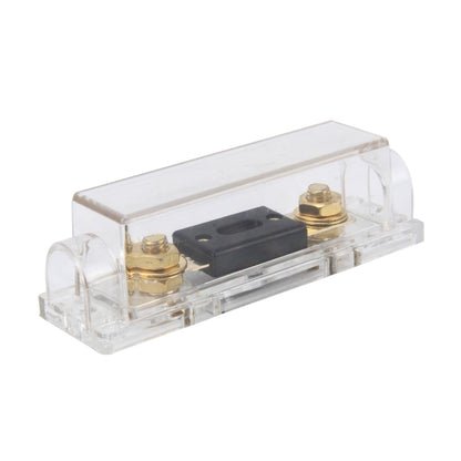 Bolt-on blade fuse holder with clear case, gold terminals, and black 150A fuse blade