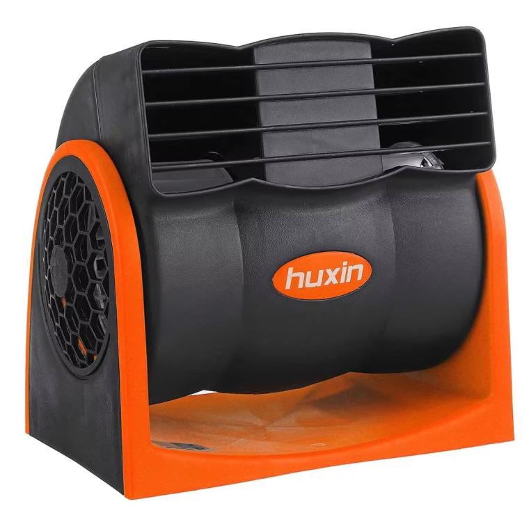 Portable vehicle cooling fan with black housing, orange base, front vent grill, and logo