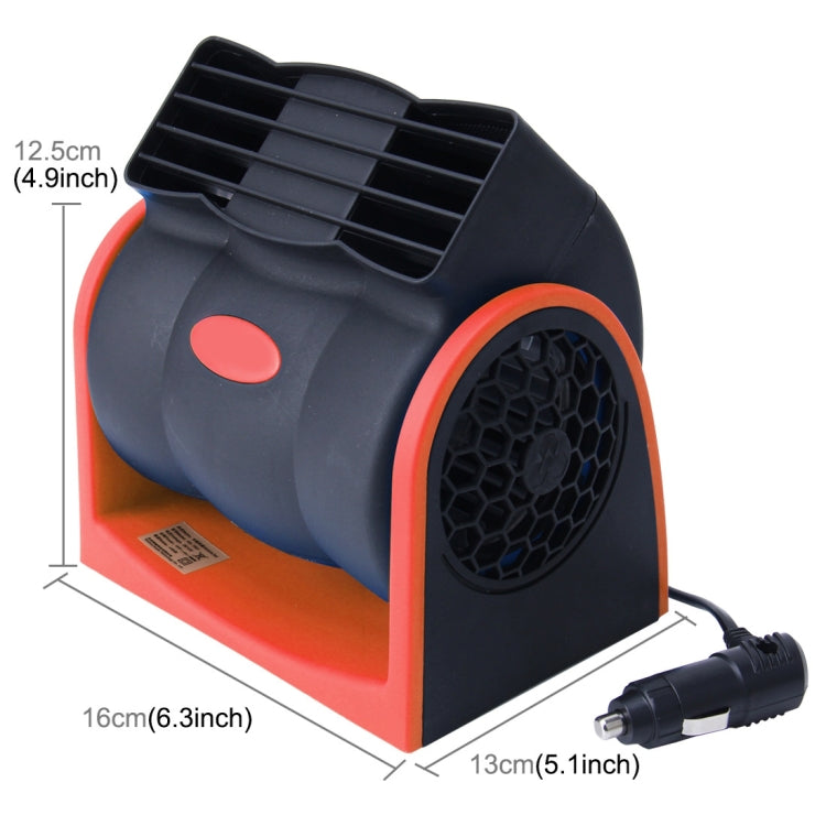 Portable vehicle cooling fan, side view with black body and orange trim, front vent grill