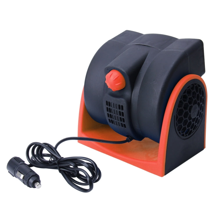Portable vehicle cooling fan with black body, orange trim, red power button, and power cord