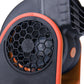 Portable vehicle cooling fan close-up: circular honeycomb intake grille with orange rim