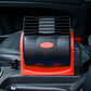 Portable vehicle cooling fan front view with vent grille and oval control panel, orange trim