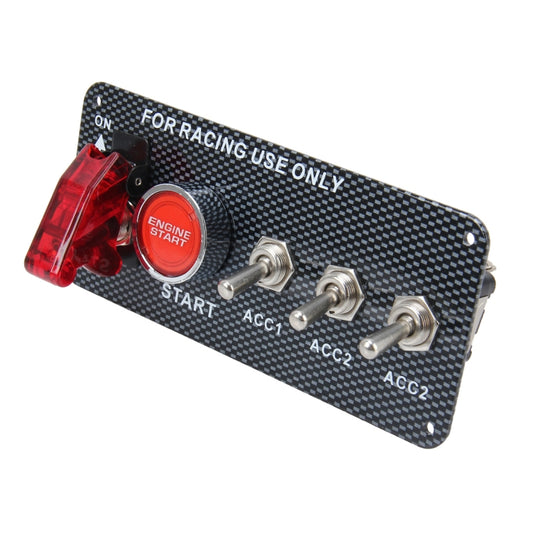 Carbon fiber ignition switch panel with red Engine Start button, ON lever, and ACC outputs